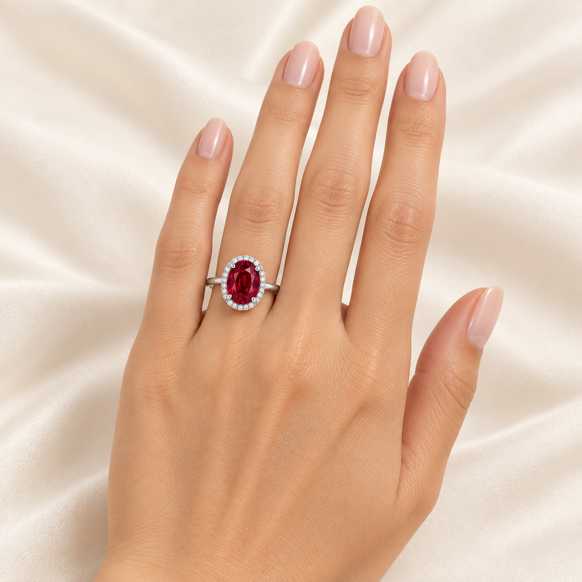 MISSISSI Tulip Glow oval lab-grown ruby halo ring in white gold with round lab-grown diamonds, left-hand wearing visualization.