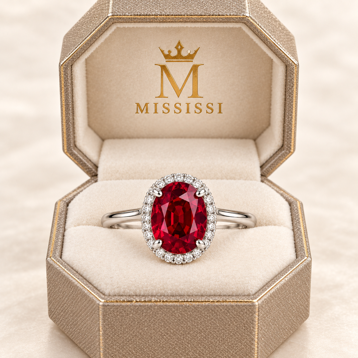 MISSISSI Tulip Glow oval lab-grown ruby halo ring in white gold with round lab-grown diamonds, champagne octagonal packaging visualization.