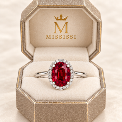 MISSISSI Tulip Glow oval lab-grown ruby halo ring in white gold with round lab-grown diamonds, champagne octagonal packaging visualization.