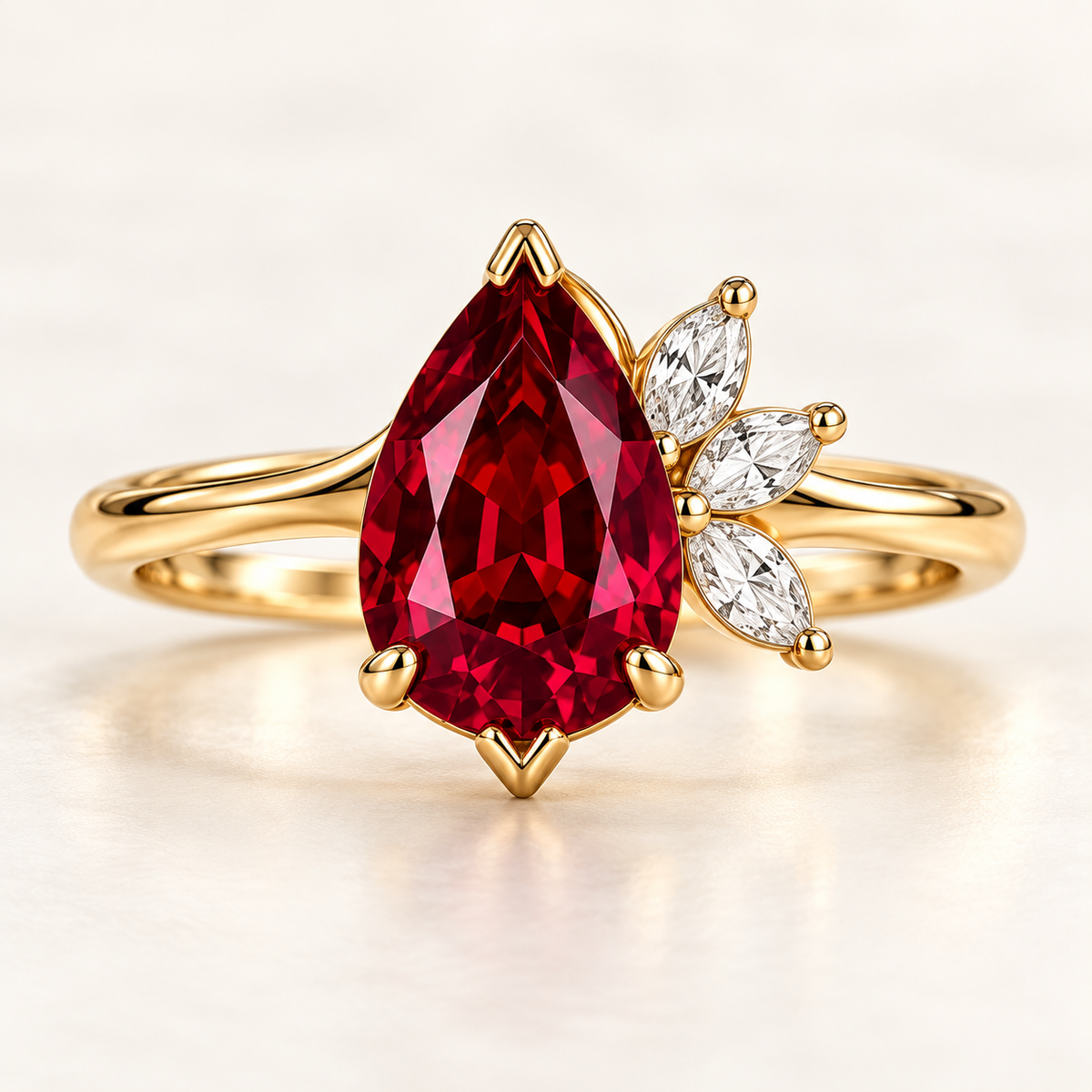 MISSISSI Crimson Feather pear-shaped lab-grown ruby ring in yellow gold with three marquise lab-grown diamond accents, main front view.