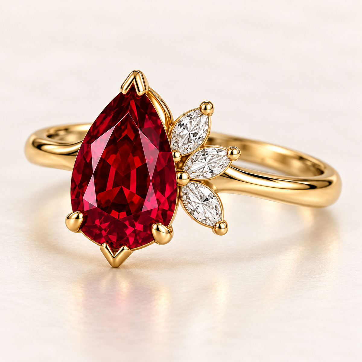 MISSISSI Crimson Feather pear-shaped lab-grown ruby ring in yellow gold with three marquise lab-grown diamond accents, three-quarter view.