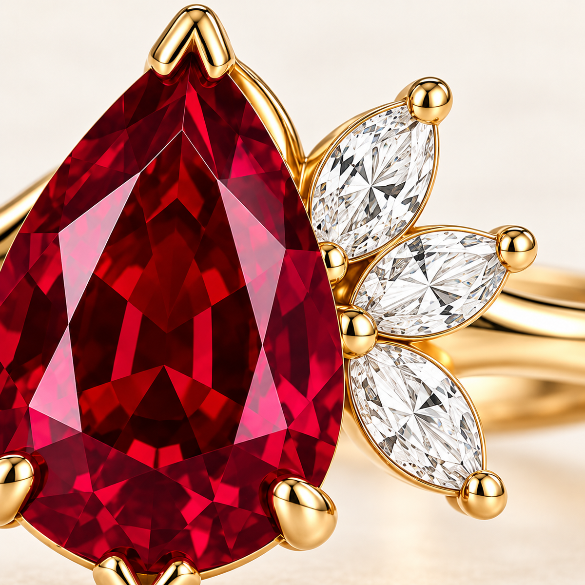 MISSISSI Crimson Feather pear-shaped lab-grown ruby ring in yellow gold with three marquise lab-grown diamond accents, craftsmanship macro.