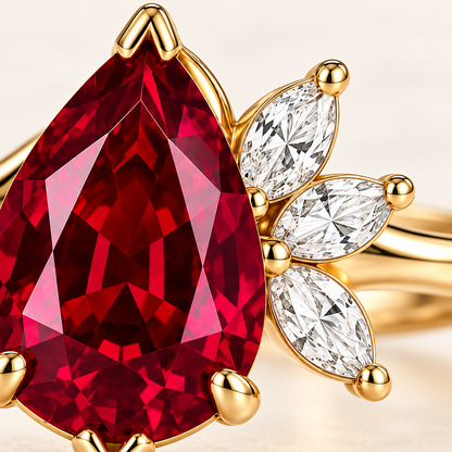 MISSISSI Crimson Feather pear-shaped lab-grown ruby ring in yellow gold with three marquise lab-grown diamond accents, craftsmanship macro.
