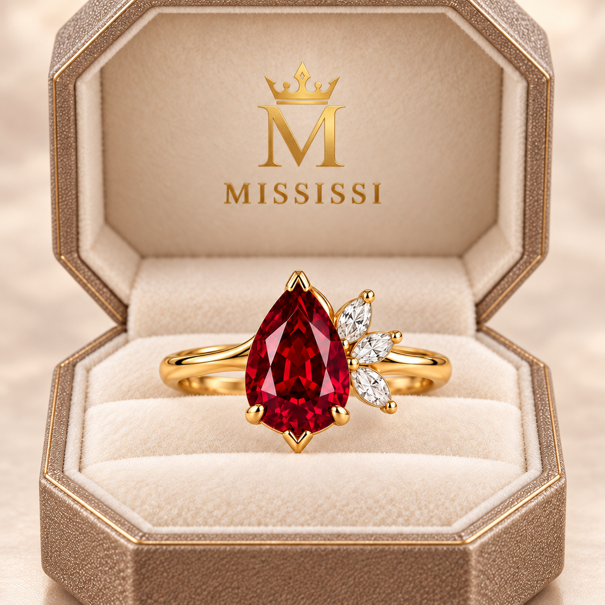 MISSISSI Crimson Feather pear-shaped lab-grown ruby ring in yellow gold with three marquise lab-grown diamond accents, champagne octagonal packaging visualization.
