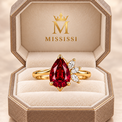 MISSISSI Crimson Feather pear-shaped lab-grown ruby ring in yellow gold with three marquise lab-grown diamond accents, champagne octagonal packaging visualization.