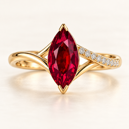 MISSISSI Crimson Crossing marquise lab-grown ruby ring in yellow gold with round lab-grown diamond accents on one crossing shoulder, main front view.