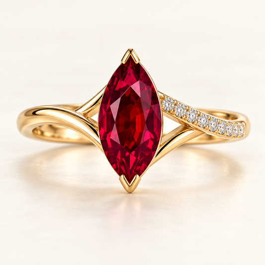 MISSISSI Crimson Crossing marquise lab-grown ruby ring in yellow gold with round lab-grown diamond accents on one crossing shoulder, main front view.