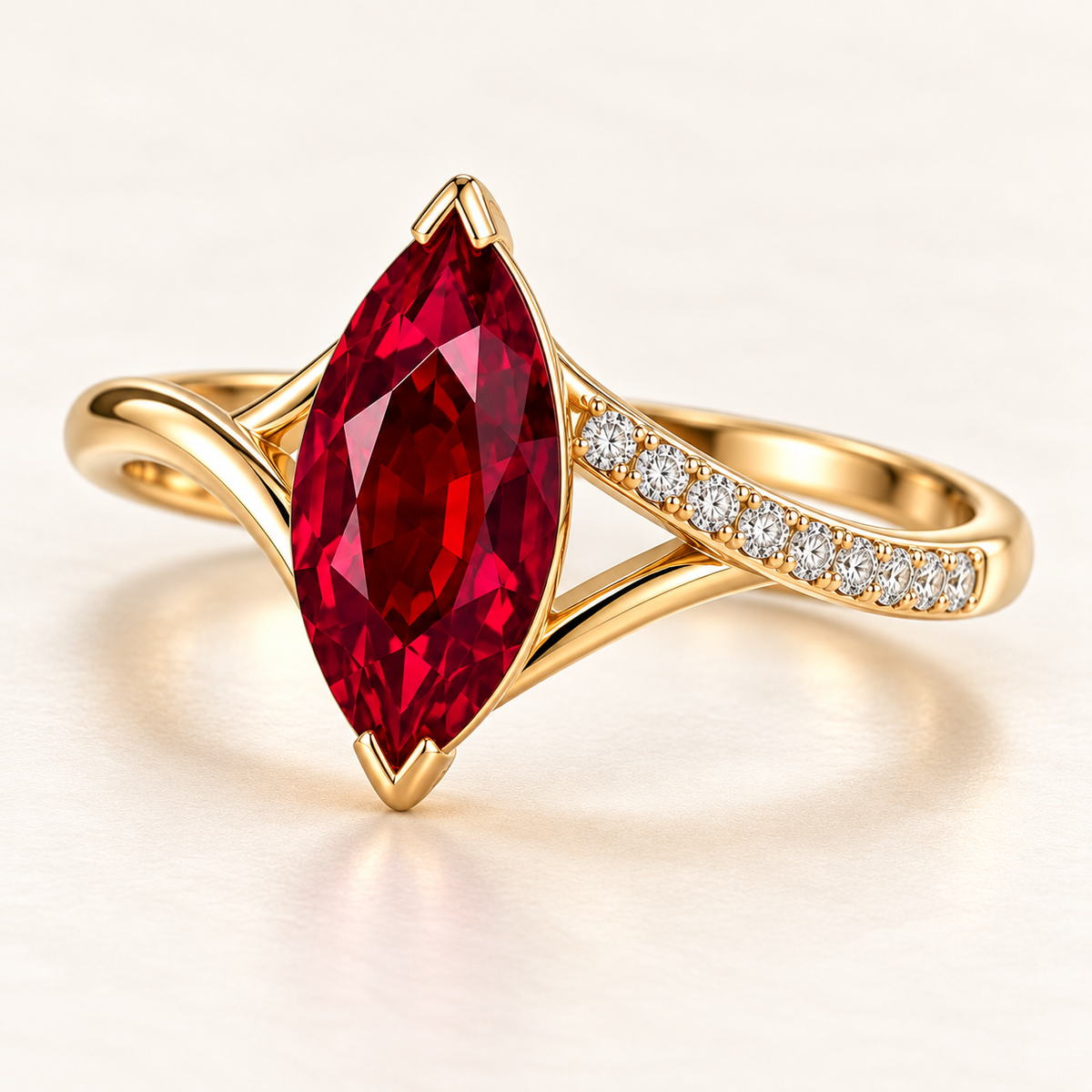 MISSISSI Crimson Crossing marquise lab-grown ruby ring in yellow gold with round lab-grown diamond accents on one crossing shoulder, three-quarter view.