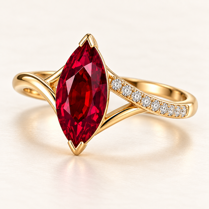 MISSISSI Crimson Crossing marquise lab-grown ruby ring in yellow gold with round lab-grown diamond accents on one crossing shoulder, three-quarter view.