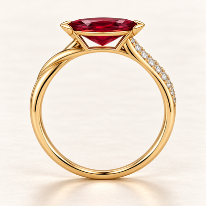 MISSISSI Crimson Crossing marquise lab-grown ruby ring in yellow gold with round lab-grown diamond accents on one crossing shoulder, side setting visualization.