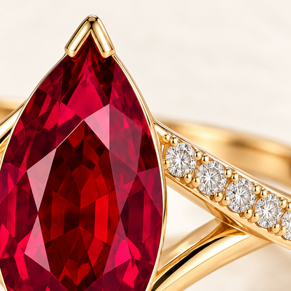MISSISSI Crimson Crossing marquise lab-grown ruby ring in yellow gold with round lab-grown diamond accents on one crossing shoulder, craftsmanship macro.