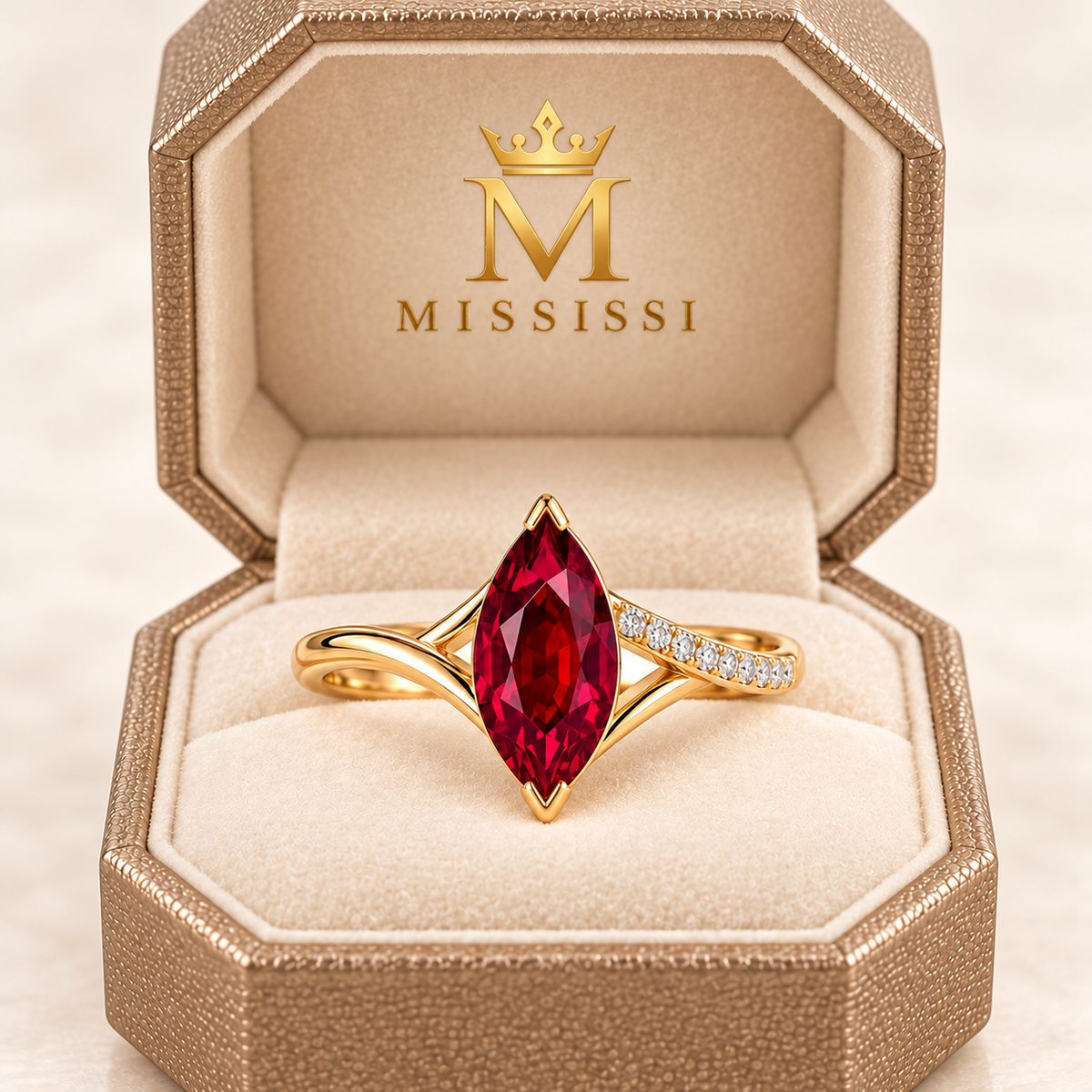 MISSISSI Crimson Crossing marquise lab-grown ruby ring in yellow gold with round lab-grown diamond accents on one crossing shoulder, champagne octagonal packaging visualization.