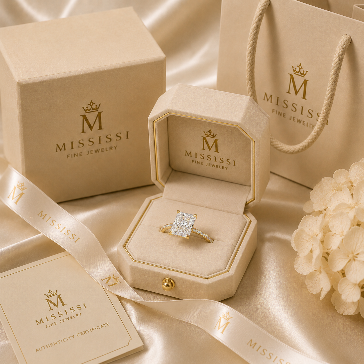 MISSISSI luxury jewelry box featuring 6 carat radiant cut diamond engagement ring