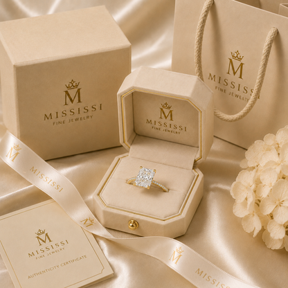 MISSISSI luxury jewelry box featuring 6 carat radiant cut diamond engagement ring