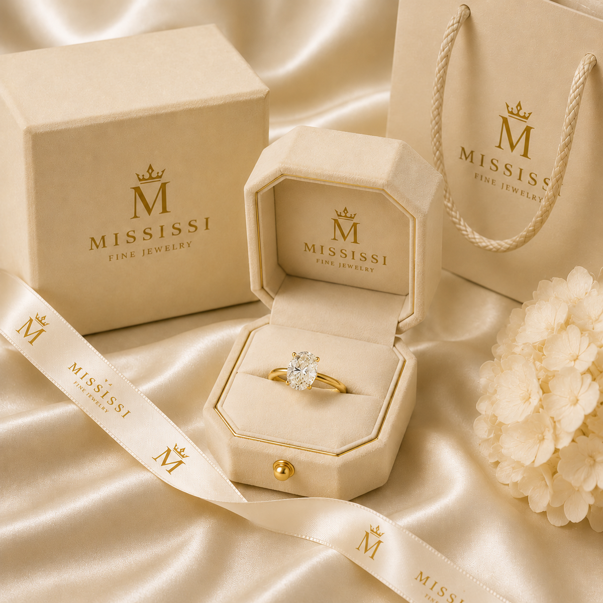 MISSISSI oval solitaire lab-grown diamond ring in presentation packaging. Design visualization.