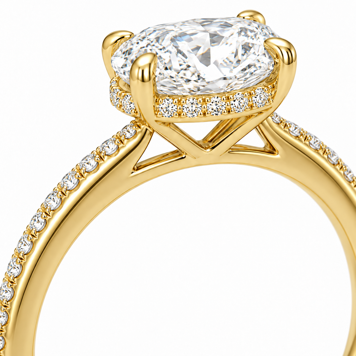MISSISSI 5 Carat Oval Lab-Grown Diamond Hidden Halo Pavé Engagement Ring | E/VVS, IGI, setting and diamond close-up. Design visualization.