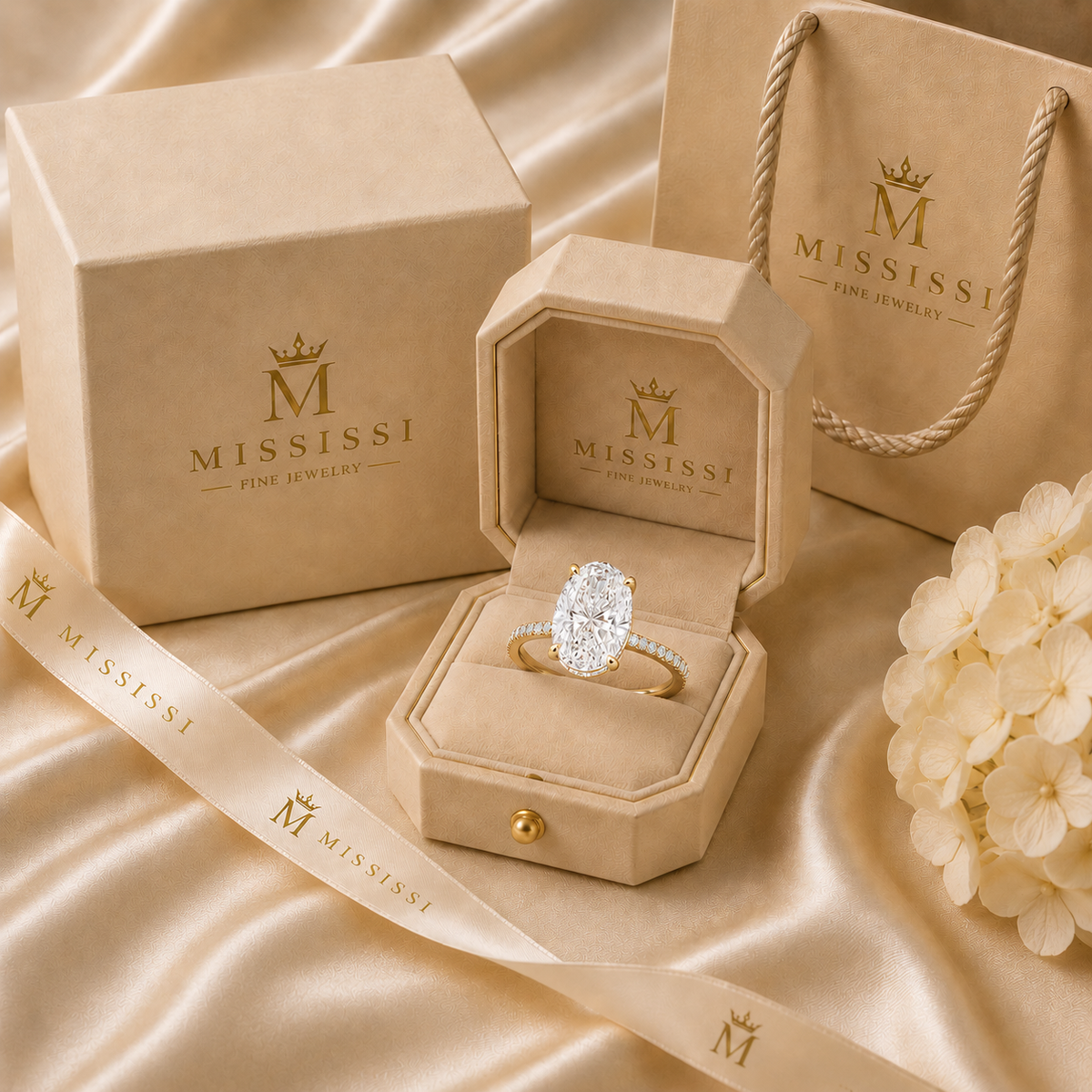 MISSISSI 5 Carat Oval Lab-Grown Diamond Hidden Halo Pavé Engagement Ring | E/VVS, IGI, presentation packaging. Design visualization.