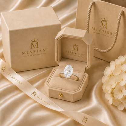 MISSISSI 5 Carat Oval Lab-Grown Diamond Hidden Halo Pavé Engagement Ring | E/VVS, IGI, presentation packaging. Design visualization.
