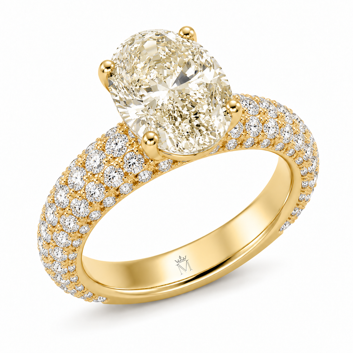 MISSISSI 6 Carat Oval Lab-Grown Diamond Pavé Engagement Ring | E/VVS, IGI, inner-band crown and M engraving detail. Design visualization.