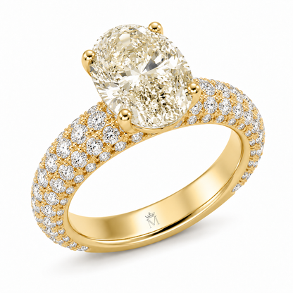 MISSISSI 6 Carat Oval Lab-Grown Diamond Pavé Engagement Ring | E/VVS, IGI, inner-band crown and M engraving detail. Design visualization.