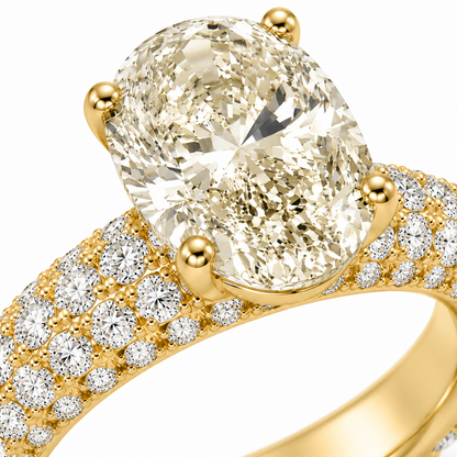 MISSISSI 6 Carat Oval Lab-Grown Diamond Pavé Engagement Ring | E/VVS, IGI, setting and diamond close-up. Design visualization.