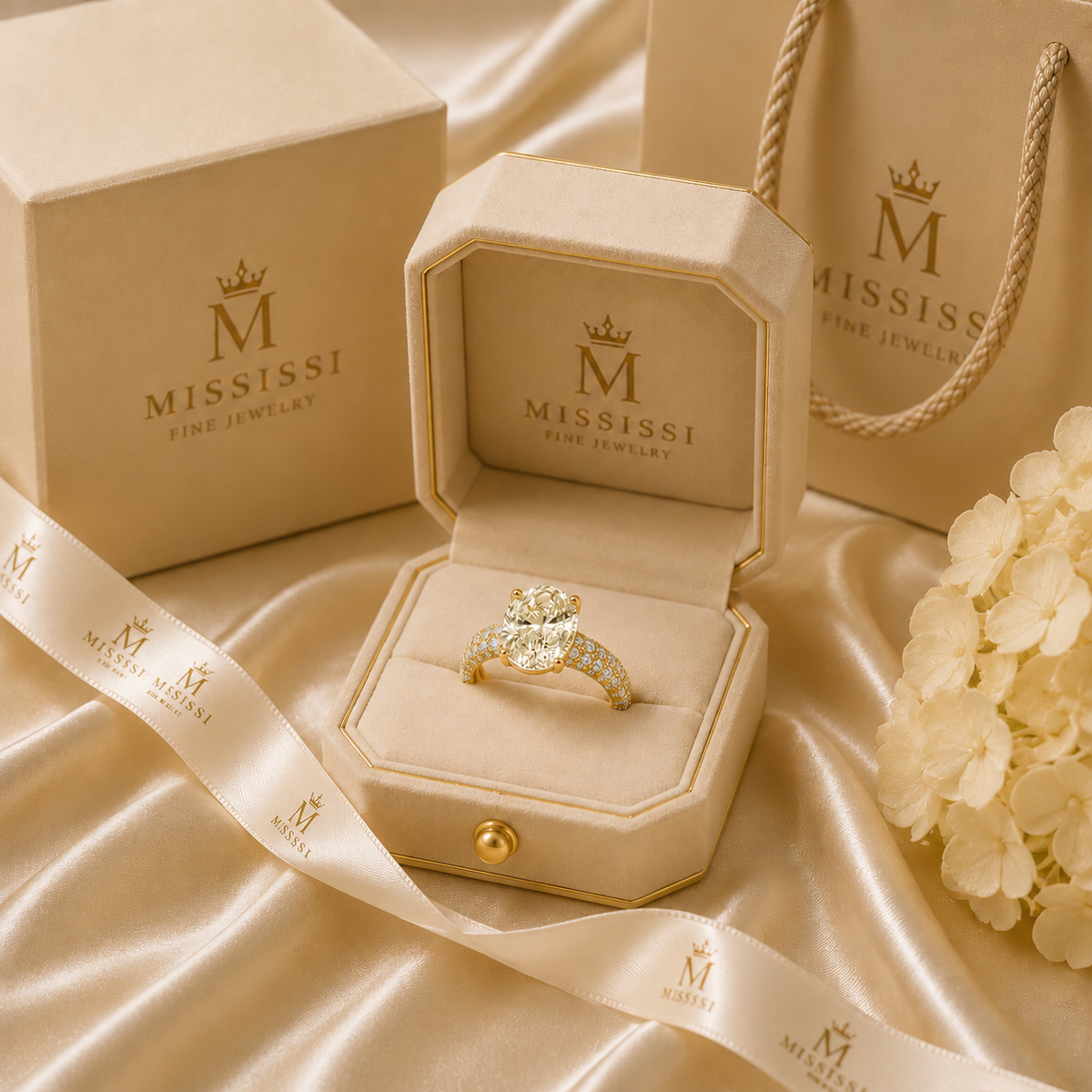 MISSISSI 6 Carat Oval Lab-Grown Diamond Pavé Engagement Ring | E/VVS, IGI, presentation packaging. Design visualization.