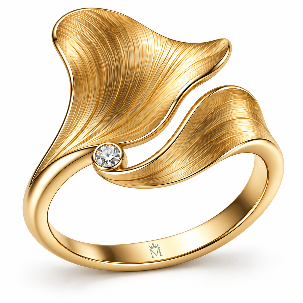 MISSISSI Petal Current sculptural two-petal ring concept, white-background hero; design visualization