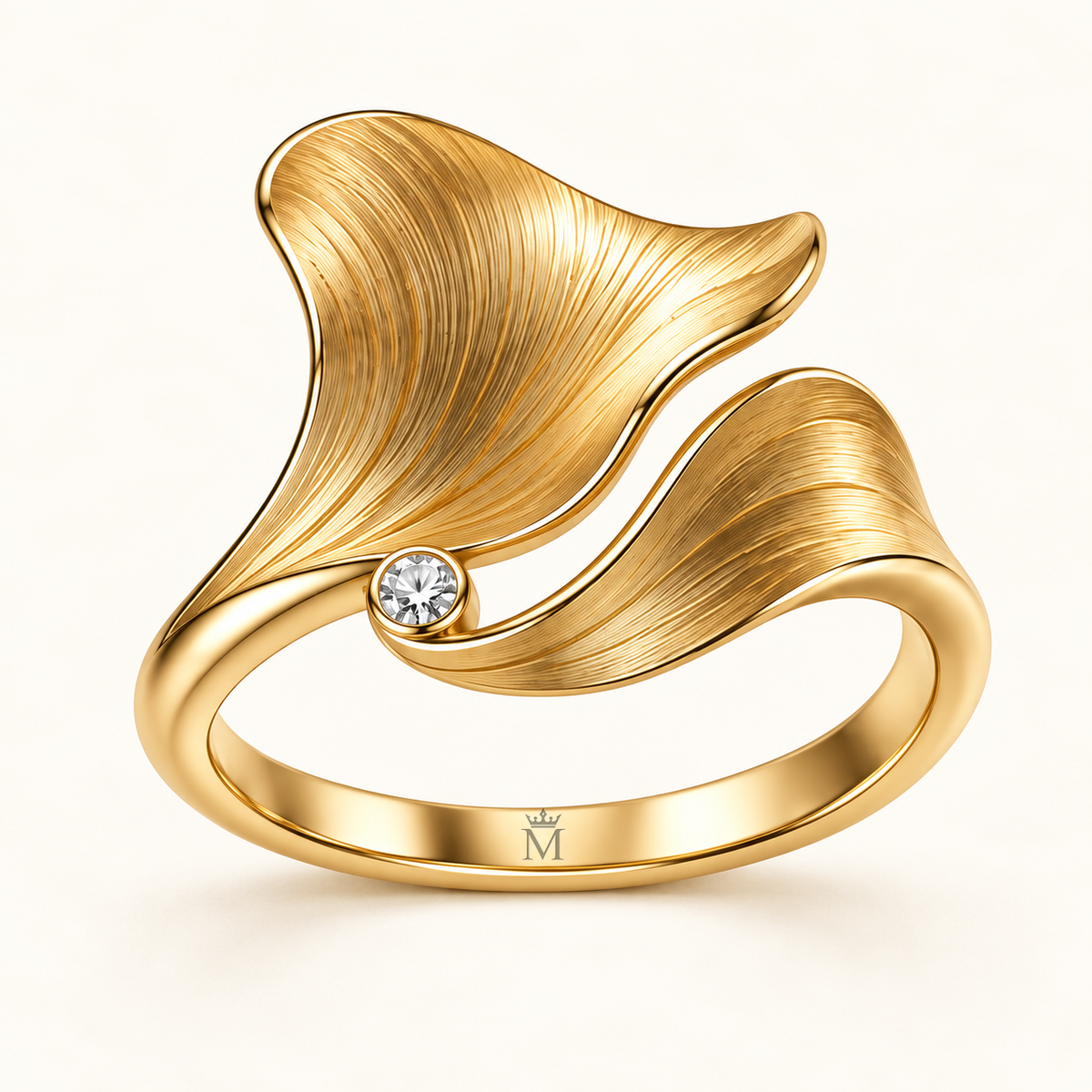 MISSISSI Petal Current sculptural two-petal ring concept, front view; design visualization