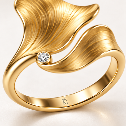 MISSISSI Petal Current sculptural two-petal ring concept, recessed inner-shank emblem detail; design visualization