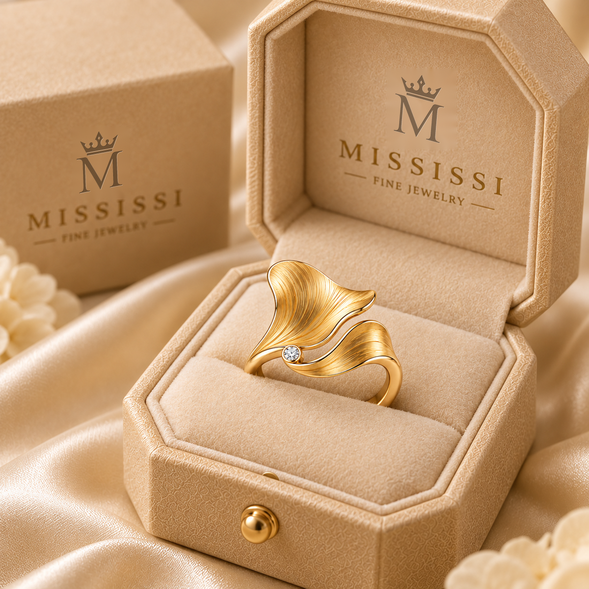 MISSISSI Petal Current sculptural two-petal ring concept, official champagne octagonal gift box; design visualization