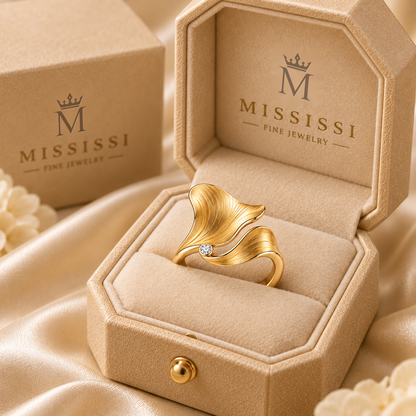 MISSISSI Petal Current sculptural two-petal ring concept, official champagne octagonal gift box; design visualization