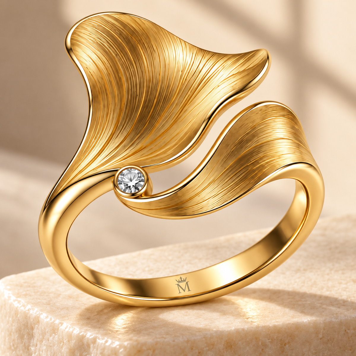MISSISSI Petal Current sculptural two-petal ring concept, warm ivory editorial view; design visualization