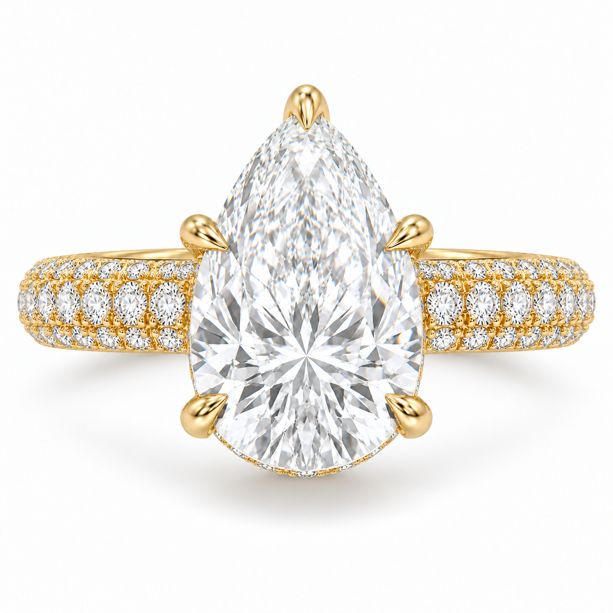 MISSISSI 3 Carat Pear Lab-Grown Diamond Hidden Halo Pavé Ring | E/VVS, IGI, front view. Design visualization.