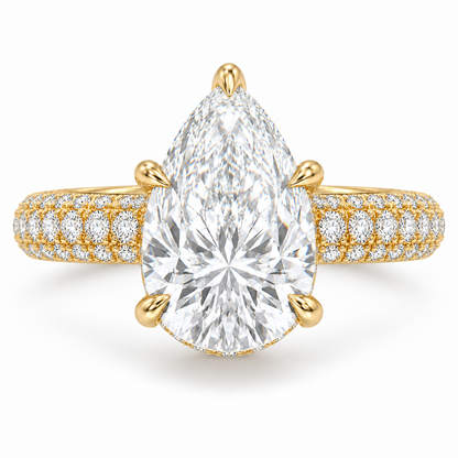 MISSISSI 3 Carat Pear Lab-Grown Diamond Hidden Halo Pavé Ring | E/VVS, IGI, front view. Design visualization.