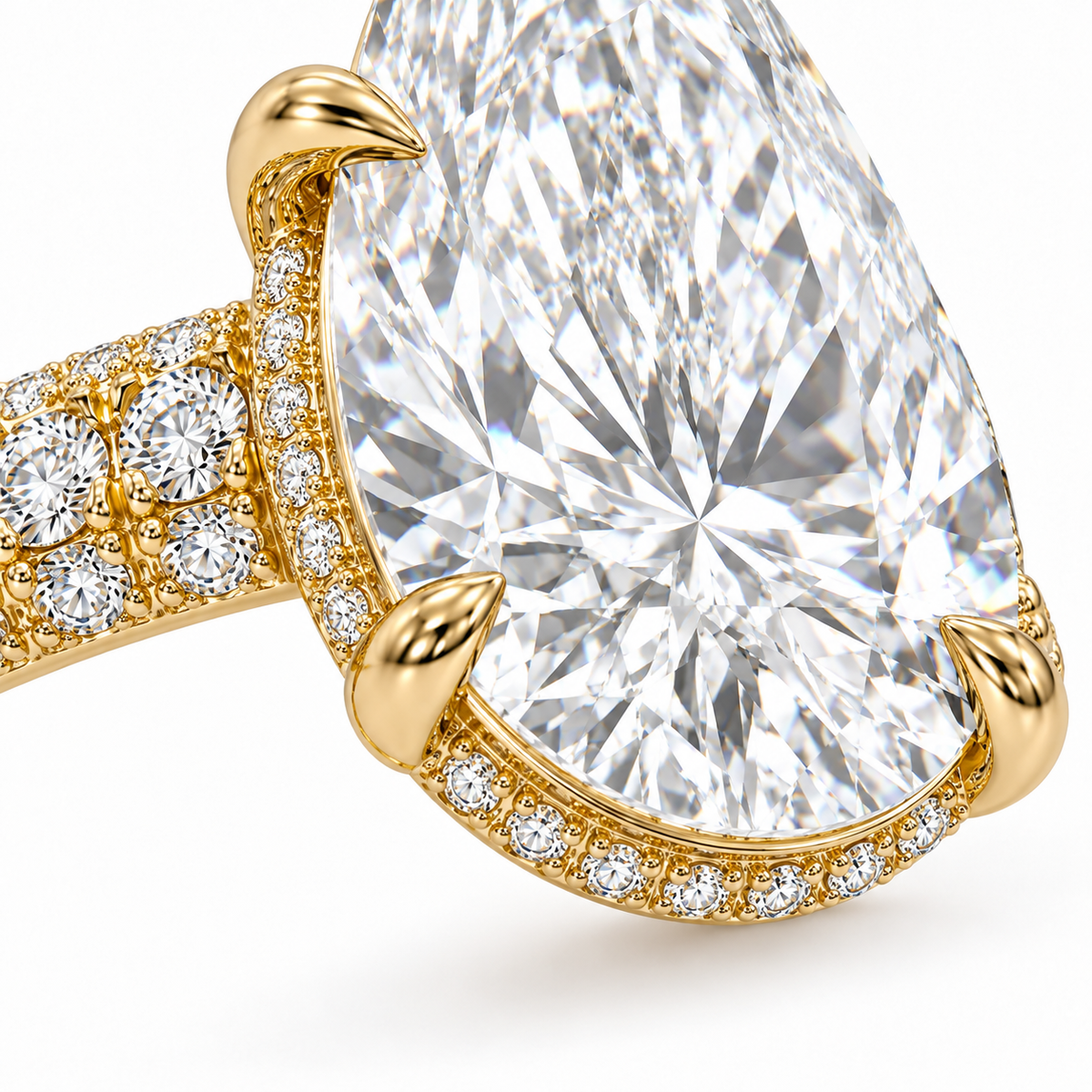MISSISSI 3 Carat Pear Lab-Grown Diamond Hidden Halo Pavé Ring | E/VVS, IGI, prong and hidden-halo close-up. Design visualization.