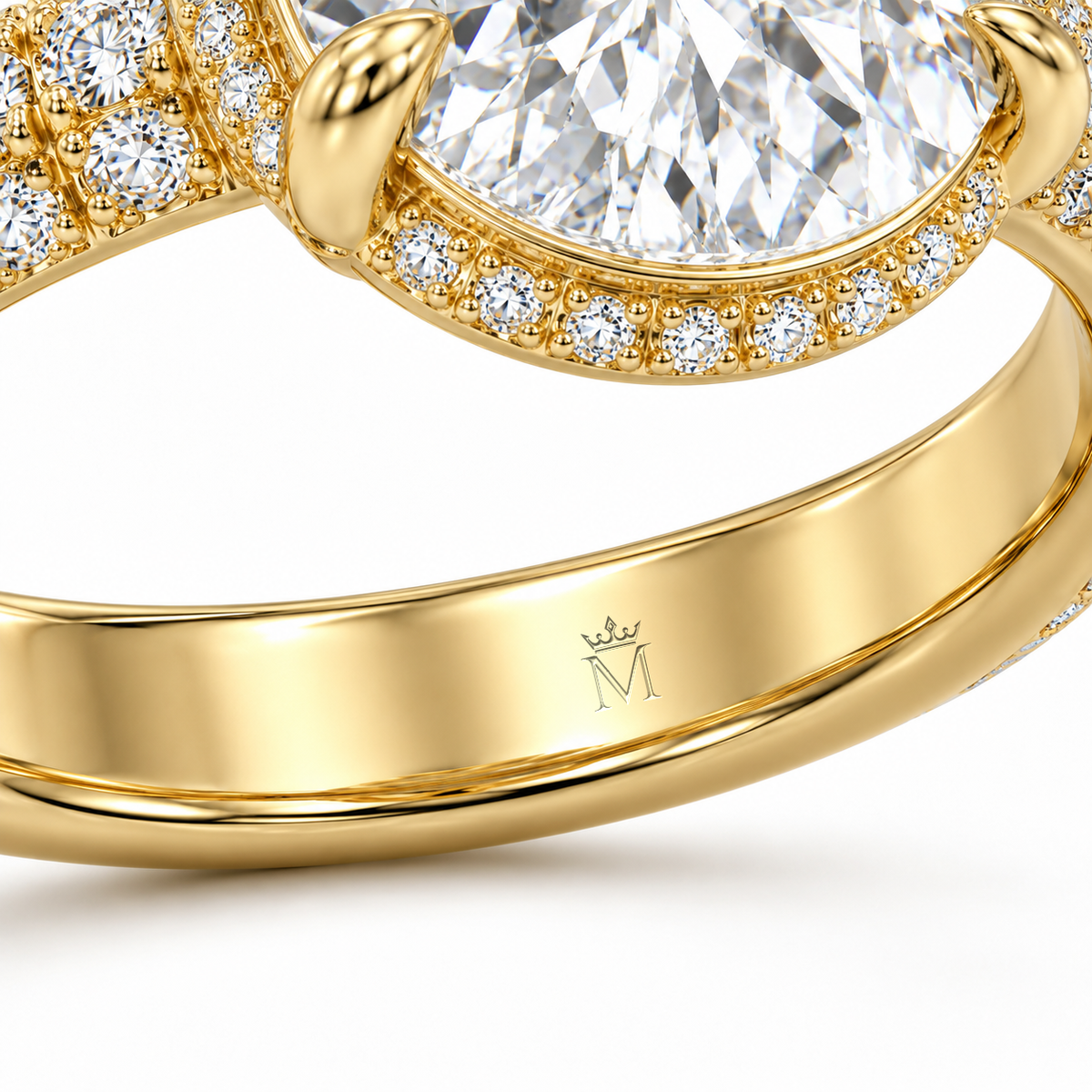 MISSISSI 3 Carat Pear Lab-Grown Diamond Hidden Halo Pavé Ring | E/VVS, IGI, inner-band crown and M engraving detail. Design visualization.