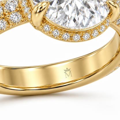 MISSISSI 3 Carat Pear Lab-Grown Diamond Hidden Halo Pavé Ring | E/VVS, IGI, inner-band crown and M engraving detail. Design visualization.