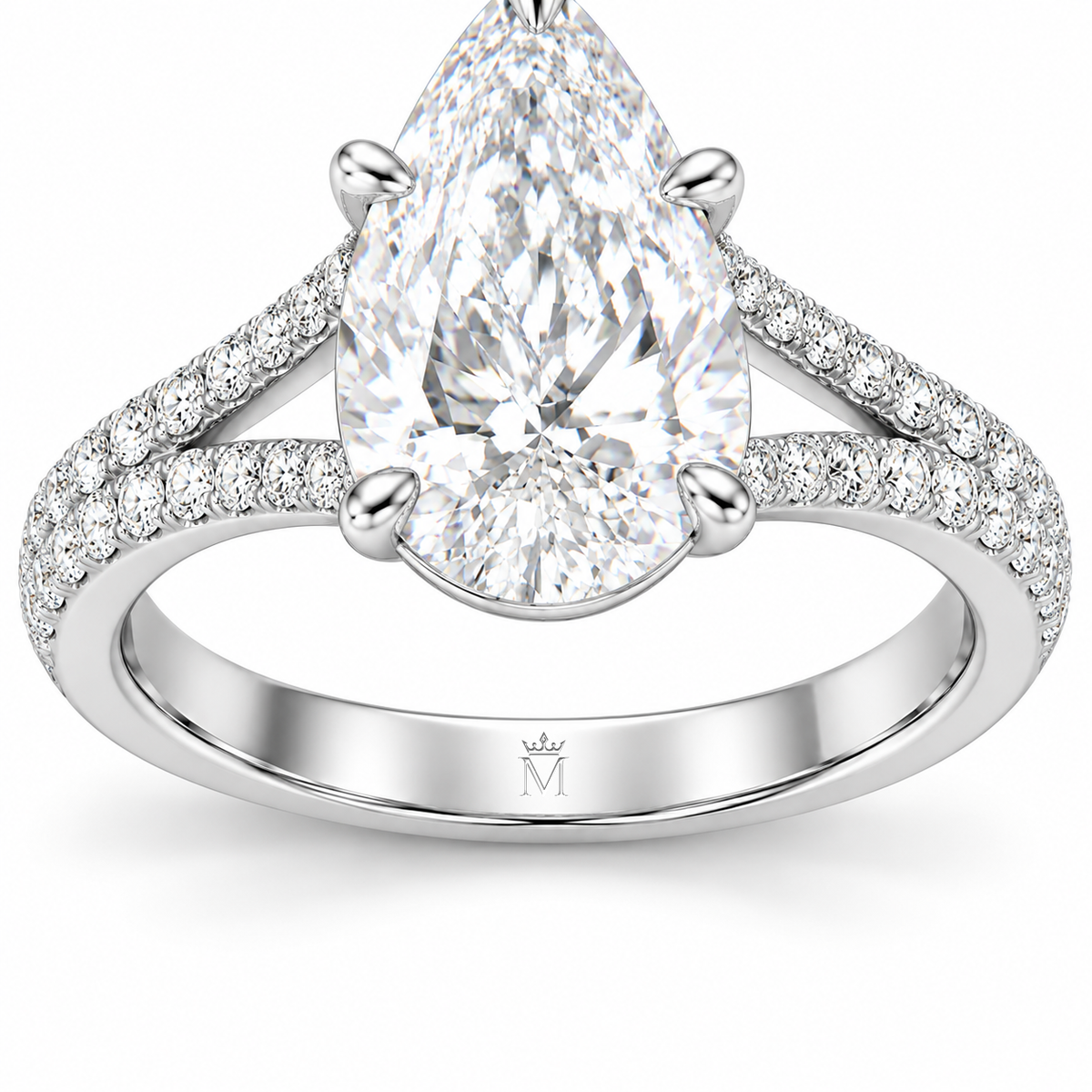 MISSISSI pear-shaped split-shoulder lab-grown diamond inner-band crown and M engraving detail. Design visualization.