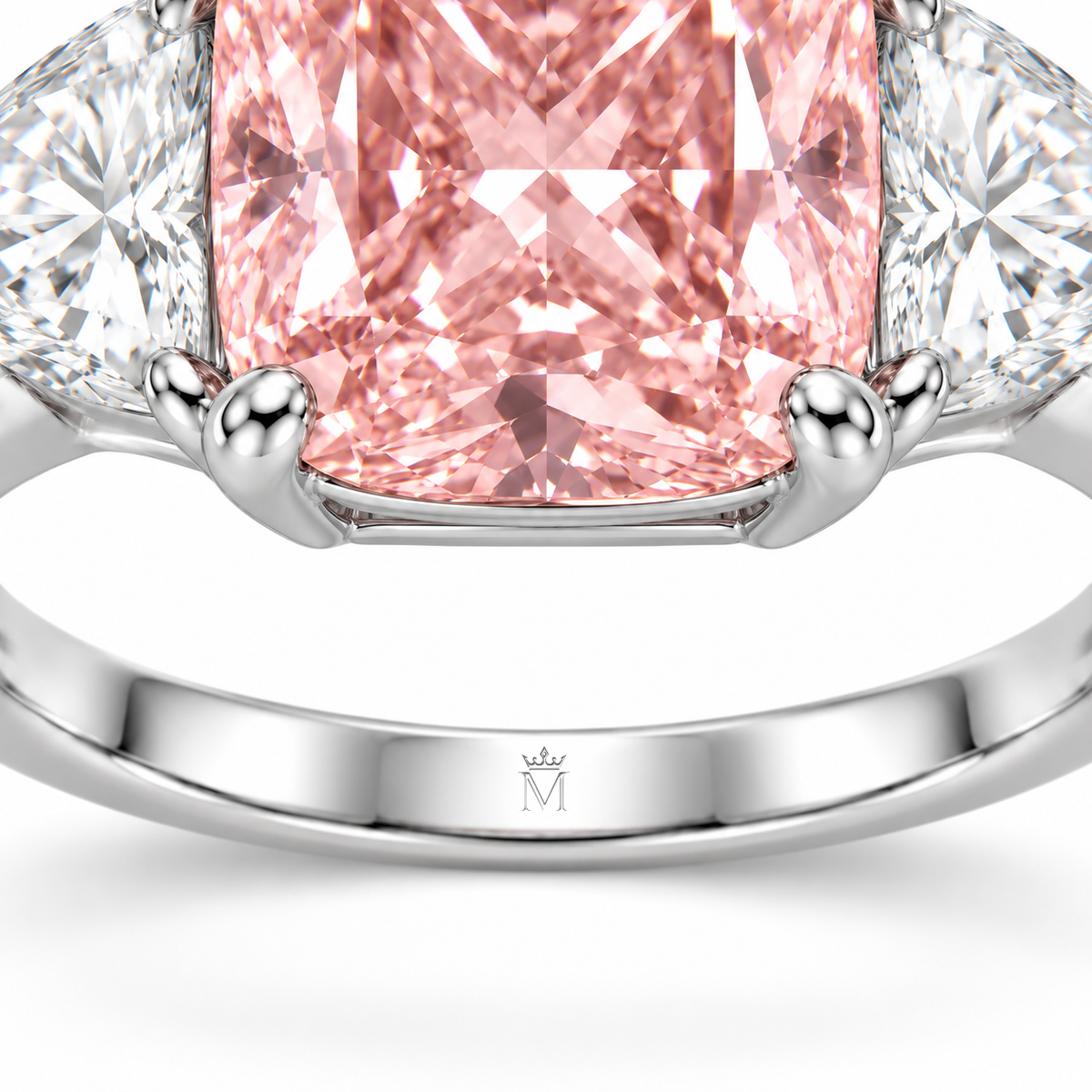 MISSISSI Rosehaven pink cushion lab-grown diamond ring, inner-band crown and M engraving detail. Design visualization.
