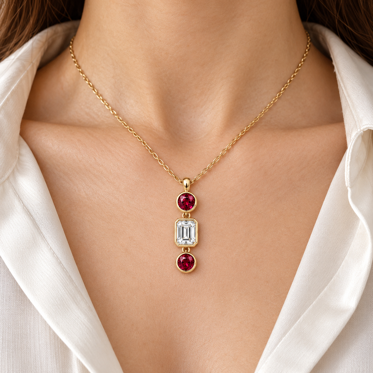 MISSISSI RB10 lab-grown ruby jewelry in yellow gold, adult wearer design visualization