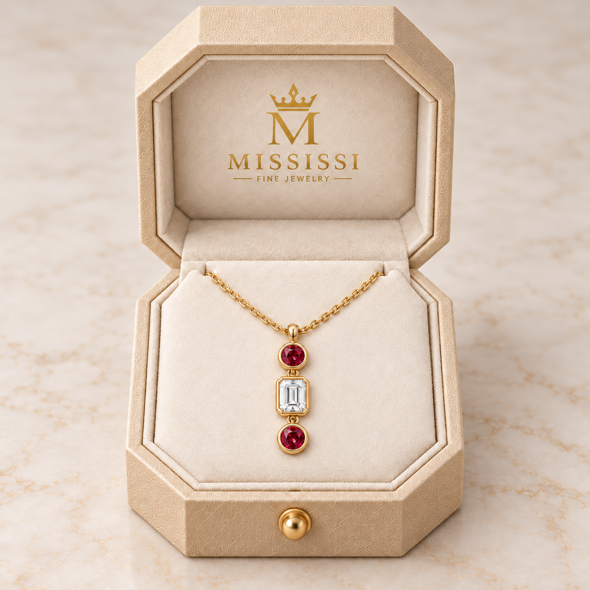 MISSISSI Scarlet Column lab-grown ruby necklace in yellow gold, presented in champagne octagonal packaging with crown M branding; design visualization.