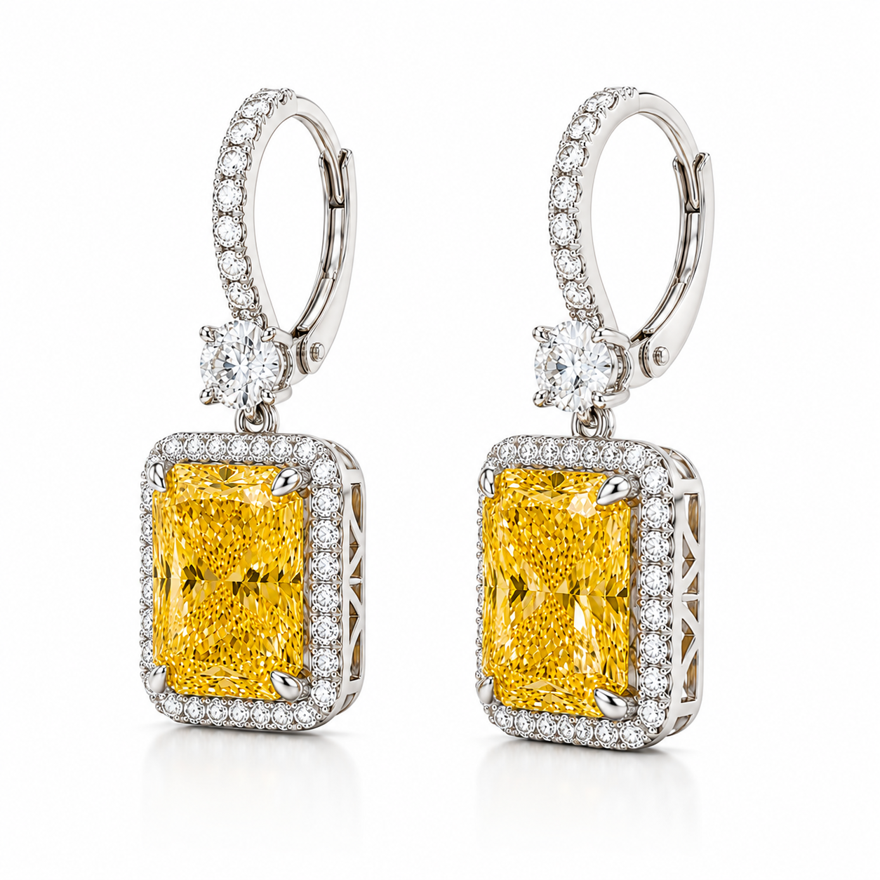 Radiant cut yellow diamond earrings side detail craftsmanship