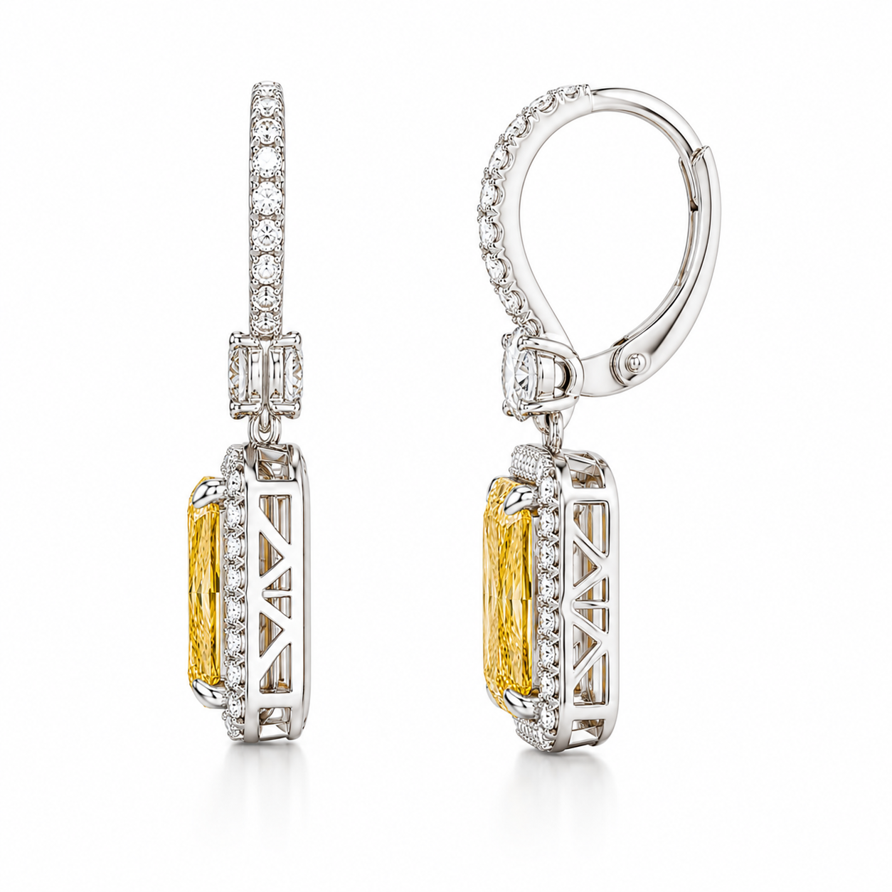 Radiant cut yellow diamond earrings side detail craftsmanship