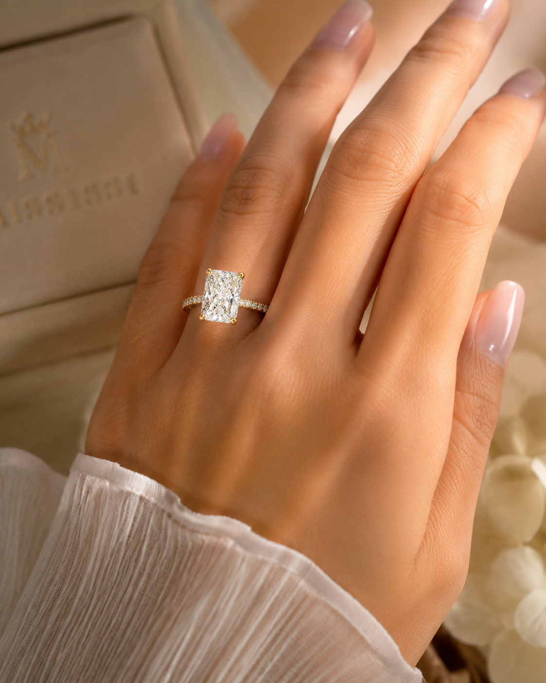 Right side view of luxury 6 carat radiant cut lab grown diamond engagement ring