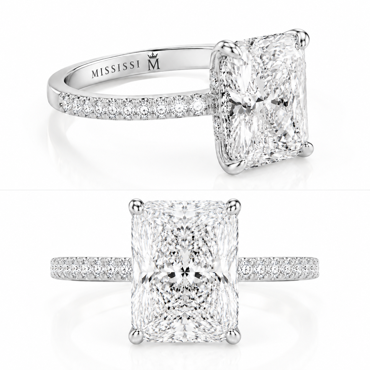 Right side view of luxury 6 carat radiant cut lab grown diamond engagement ring
