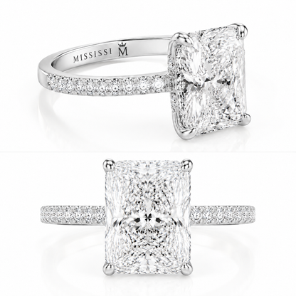 Right side view of luxury 6 carat radiant cut lab grown diamond engagement ring