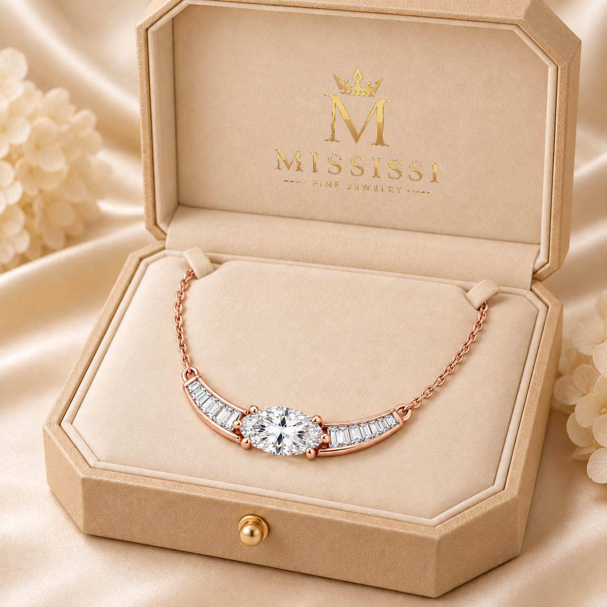 MISSISSI Oval Collar diamond necklace in pale champagne rose gold, champagne ivory presentation box editorial