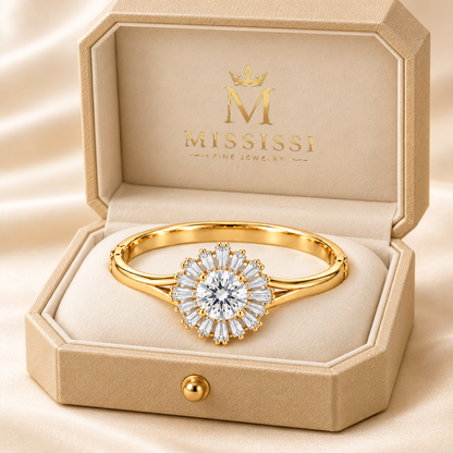 MISSISSI Baguette Sunburst diamond oval bangle in yellow gold, champagne ivory presentation box editorial