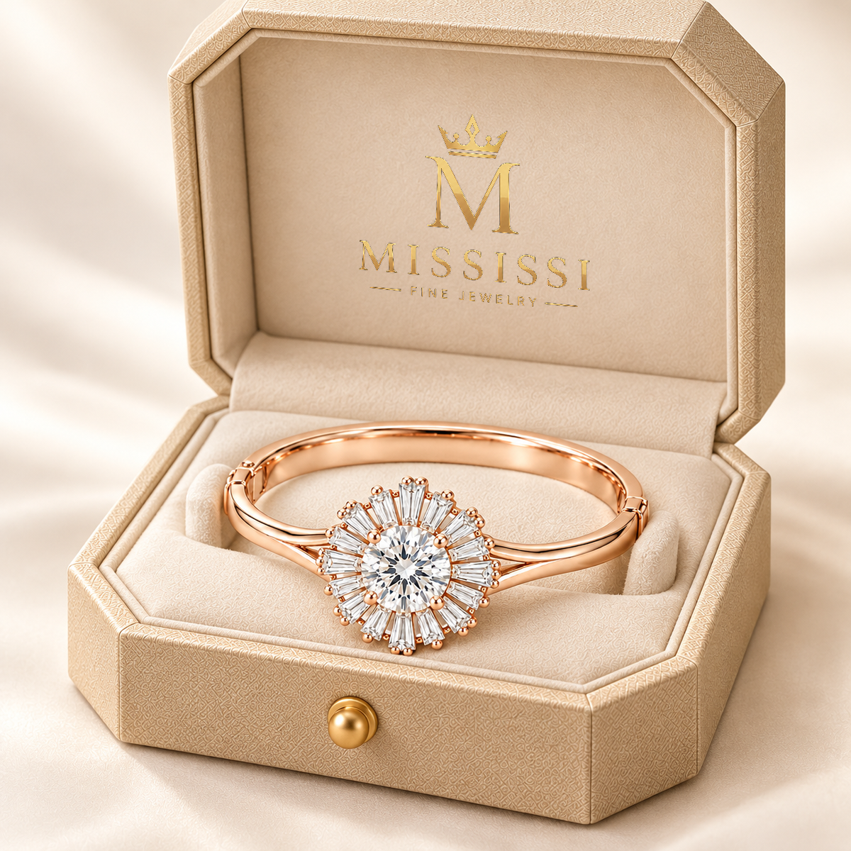 MISSISSI Baguette Sunburst diamond oval bangle in pale champagne rose gold, champagne ivory presentation box editorial
