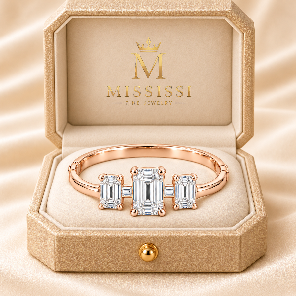 MISSISSI W11 jewelry in pale champagne rose gold, champagne ivory presentation box